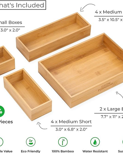 Grow Forward Bamboo Drawer Organizer Boxes - Set of 14 Wooden Drawer Organizers for Kitchen, Bathroom, Office, Desk, Vanity, Makeup - Non-Slip Junk Drawer Organizer Trays for Storage and Organization