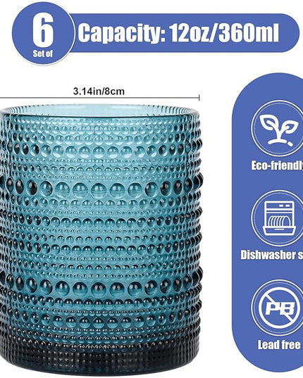 Vintage Glassware Drinking Glasses Set of 6,12 oz Hobnail Glass Cups,Embossed Blue Water Tumbler,for Beer,Cocktail,Whiskey,Juice and Various Mixed Drinks- 1 Cleaning Brush