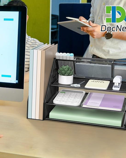 Docnest 3 Tier Metal Mesh Desk Organizer - Letter Tray with Built-in Pen Holder & Handle, Black