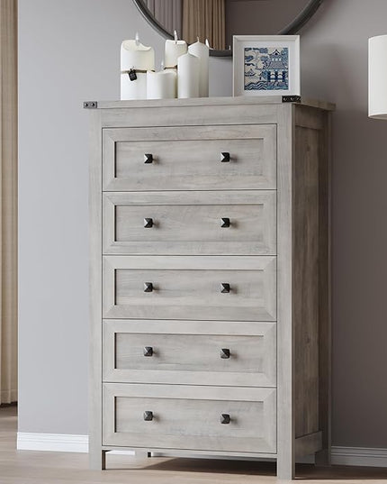 BORNOON Tall 5-Drawer Dresser, Modern Wooden Storage Chest of Drawers, Dresser TV Stand, Wood Drawer Organizer with Metal Handles for Bedroom, Living Room, Hallway