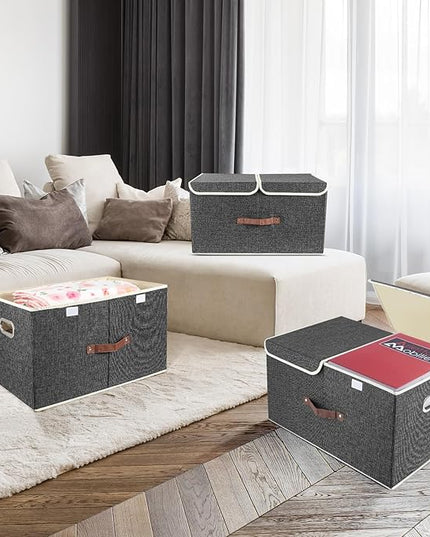 TYEERS Extra Large Collapsible Storage Bins with Lids and Compartments, Washable, Fabric Storage Boxes, 21.7x13x11.8 inches, 1 Pack, Black