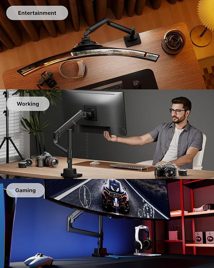 monTEK Heavy-Duty Single Monitor Arm for 17-57 inch, up to 59.4lbs Ultrawide Screens,Gas Spring Dual Curved Adjustable Monitor Stand for Desk,75/100mm VESA Mount with USB，Black