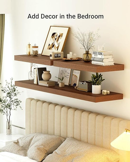 Heimlove 24 x 12 Inch Deep Floating Shelves Wall Mounted with Invisible Brackets,Storage Hanging Shelf for Wall Decor in Bathroom, Bedroom, Toilet, Kitchen, Living Room, Office Set of 1 (Walnut)