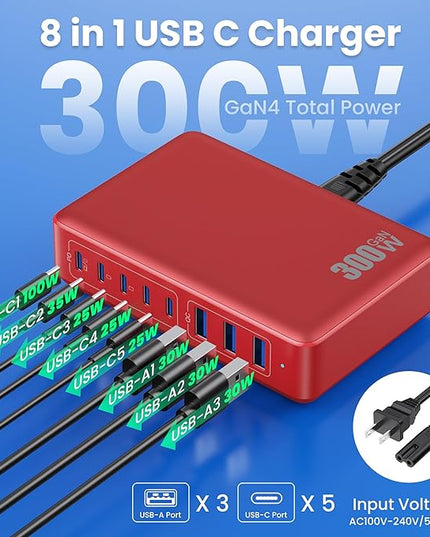 USB C Charger 300W USB C Charger Block, 8-Ports GaN IV Fast Charging Station Hub,PD 100W Laptop Charger Adapter,for MacBook Pro/Air/iPad/iPhone16/15/14/Apple Watch/DELL/Samsung for Home Office