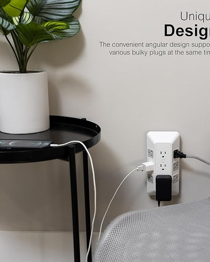 GE 9-Outlet Surge Protector, Multi Plug Outlet Extender, Wall Tap, Adapter Spaced, for Home, School, and Office, 1780 Joules, White/Gray - 73628