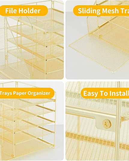 LEKETREE Desk Organizers and Accessories, 5-Tier Paper Letter Tray Organizer with File Holder, Desktop Organizer for Office Supplies (Gold)