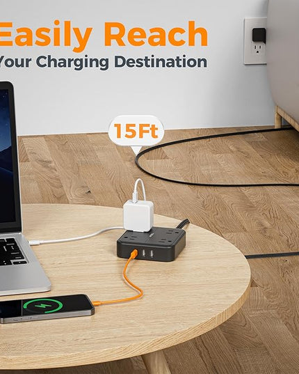 Surge Protector Flat Extension Cord 15FT, TESSAN Flat Plug Power Strip with 4 Outlets 3 USB C Ports (1 USB C), 900 Joules Protection, Multiple Wall Outlet Extender Suitable for Home Office Dorm, Black