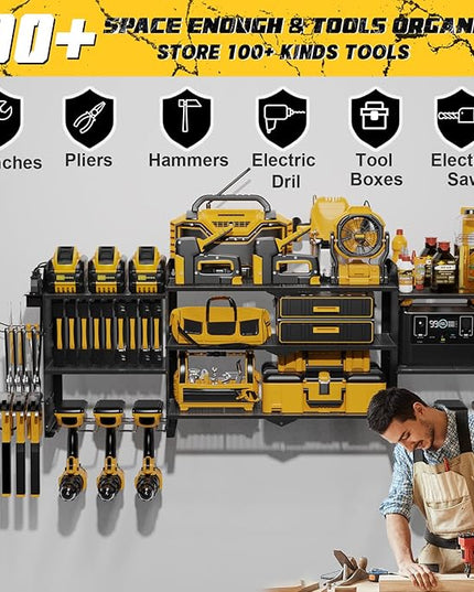 Power Tool Organizer Wall Mount with Charging Station, Expanded Width Power Tool Storage Rack, Large Tool Battery Organizer with Screwdriver/Hammer Heavy Duty Garage Storage