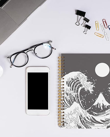 Knibeo Japanese Wave with Sun Black and White Art Lined Hardcover Spiral Notebook Journal 5.5×8.3 Inch,College Ruled Notebook for Work Notes Journaling,Gifts for Cat Lovers Women Girls pvc notebook