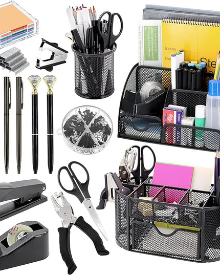 17 in 1 Black Desk Organizers and Accessories Set, 3 Office Desk Supplies Storage Organization, 4 Pens, Stapler, Staples & Remover, Tape & Dispenser, Scissors, Ruler, Clips, Hole Punch, Back to School