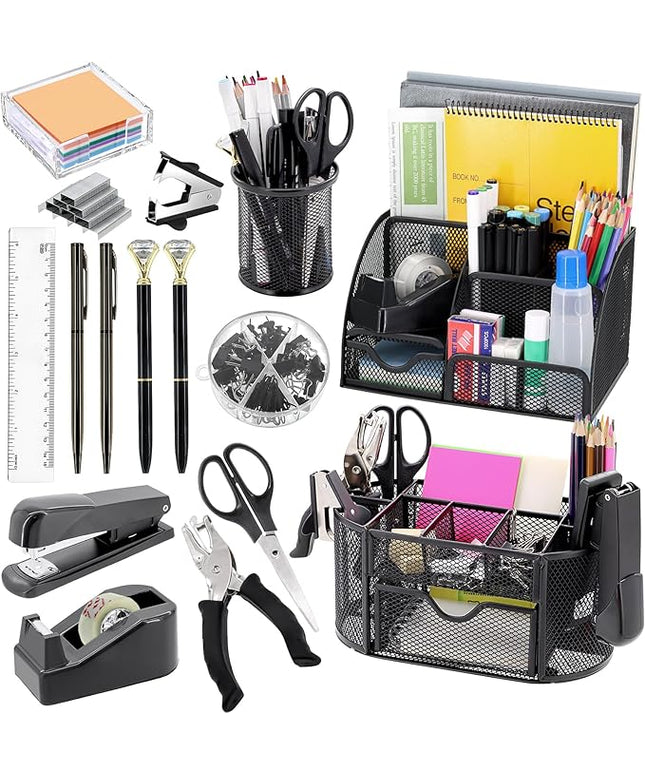 17 in 1 Black Desk Organizers and Accessories Set, 3 Office Desk Supplies Storage Organization, 4 Pens, Stapler, Staples & Remover, Tape & Dispenser, Scissors, Ruler, Clips, Hole Punch, Back to School