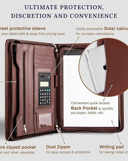 Cossini Premium Business Portfolio with Zipper – Padfolio - Superior Business Impressions Begin with PU Vegan Leather, 10.1 Inch Tablet Sleeve, Smart Storage, Solar Calculator, Writing Pad -Brown