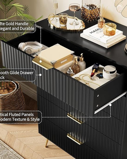 Garvee Fluted Dresser for Bedroom with 5 Drawers,32" Wide Modern Chest of Wooden Bedroom Chest with Metal Handle,Wide Clothes Storage Organizer,Closet Dresser & TV Stand for Living Room,Hallway,Black