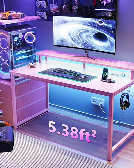 AODK 52 Inch Gaming Desk with USB Charging Ports & LED Light- Reversible Computer Desk with Storage Shelves & Monitor Stand, Modern Gamer Desk Table with Fabric Drawers & Side Hook, Carbon Fiber Pink