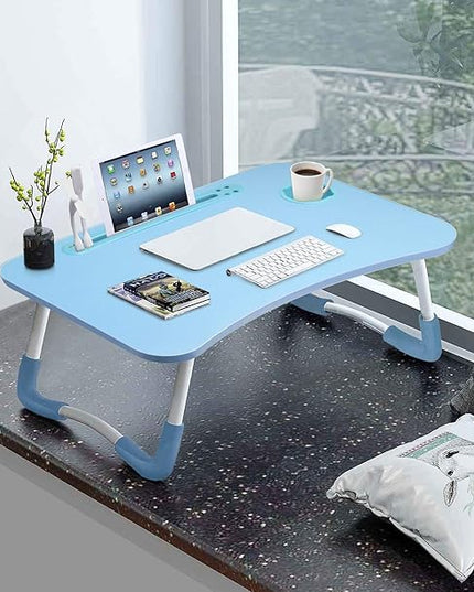 Slendor Lap Desk with Cup Holder, Foldable Laptop Table for Bed, Portable Bed Desk for Laptop and Writing, Computer Tray with Tablet Slot, Notebook Stand Reading Holder for Couch Sofa Floor,Blue