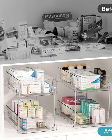 Vtopmart 4 Pack Bathroom Organizer, 2 Tier Clear Under Sink Organizers Vanity Countertop Storage Container,Cabinet Drawers Bins, Pull-Out Organization with Track for Pantry, Kitchen