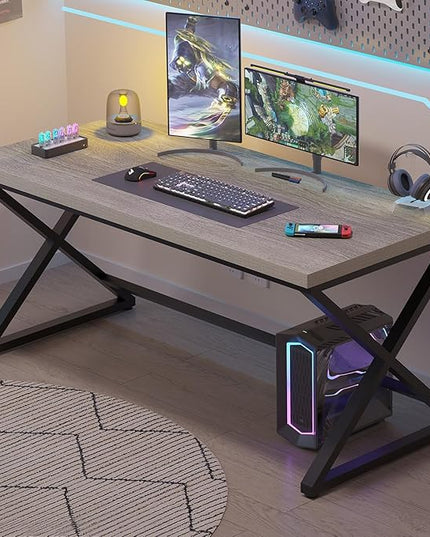 IBF Gray Computer Desk, Modern Writing Study Desk for Home Office, Industrial Wooden Metal Executive Work Desk, Simple Pc Gaming Laptop Workstation Computer Table in Bedroom, Light Grey Oak, 55 Inch
