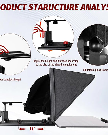 i7 /14-inch teleprompter with Remote Control, Adjustable Camera mounting Platform (Aluminum), rotatable Tempered Optical Glass, Carrying case Included.