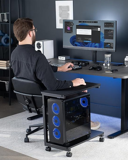 VIVO Large Mobile Adjustable 2-Tier PC Stand, Premium Gaming CPU Computer Tower and Mouse Storage, Rolling Floor Cart, Locking Caster Wheels, Black, CART-PC03P