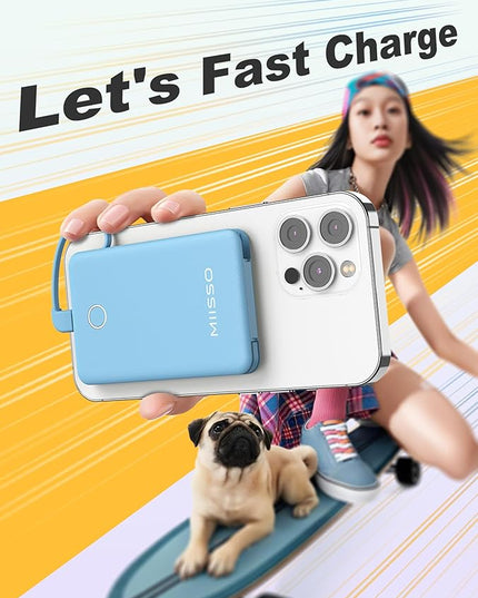6000mah Ultra Slim Built in Cables Power Bank, Card Size Built in USB C Cords Battery Pack Portable Charger for Phones, 3 Output External Battery Pack Compatible with iPhone, Blue