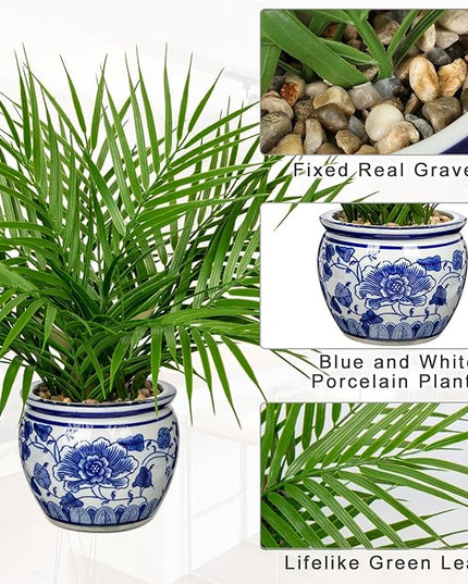 Hollyone Large Artificial Potted Plants Fake Palm Plants 16" Faux Green Plant Plastic Tropical Palm Tree in Blue and White Porcelain Ceramic Pots for Home Room Office House Indoor Decoration