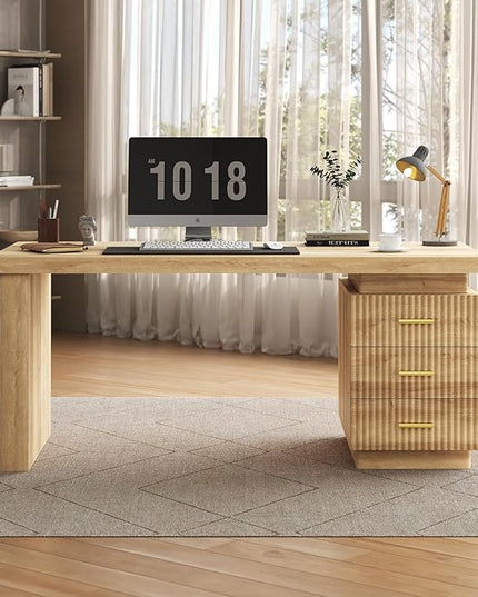 TVU Executive Desk with Drawers, Wooden Computer Desk with 3 Spacious Drawers，55 Inch Modern Office Desk Suitable for Study Room, Living Room, Bedroom, Office, Natural Wood Color