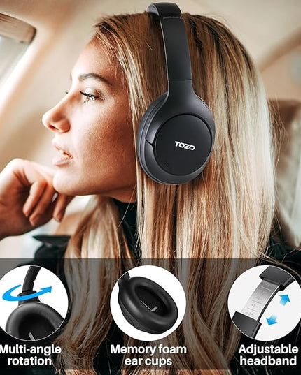 TOZO Hybrid Active Noise Cancelling Headphones, Wireless Over Ear Bluetooth Headset, 60H Playtime, Hi-Res Audio Custom EQ via App Deep Bass Comfort Fit Ear Cups, for Home Office Travel