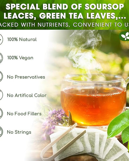 FreshDrinkUS, Premium 40 Tea Bags Soursop Green Tea, 100% Natural & Proprietary Blend from Soursop Leaves and Green Tea. Smooth Flavor. Made with Eco-Conscious Tea Bags. No Additives No Sugar, Vegan.