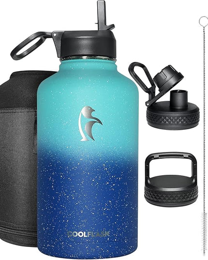 64 oz Water Bottle Insulated with Straw&3 Lids, Coolflask Half Gallon Water Jug Galaxy Large Metal Stainless Steel Vacuum Flask for Gym, Sports, Keep Cold 48H Hot 24H, Glacier Blue