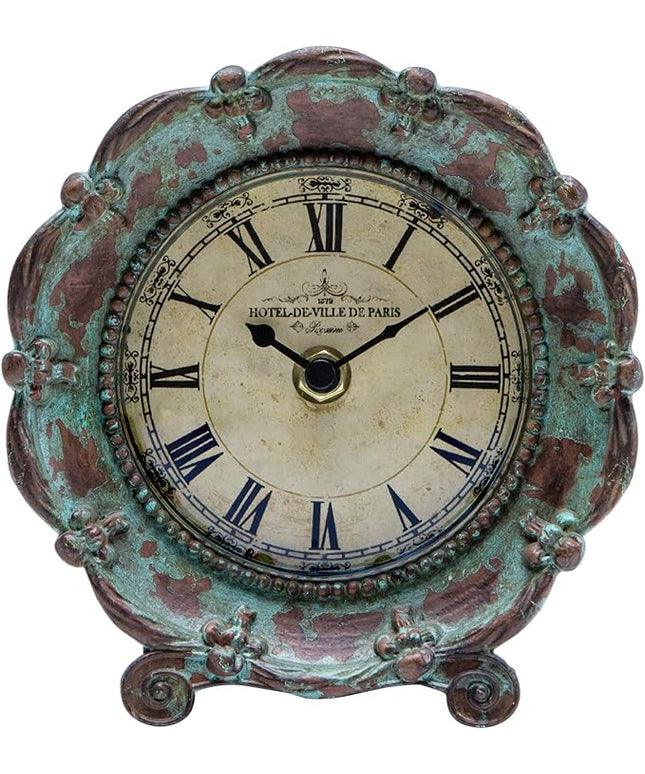 NIKKY HOME Table Top Clock, Vintage French Decorative Pewter Analog Desk Clock Battery Operated for Living Room Decor Shelf, Green