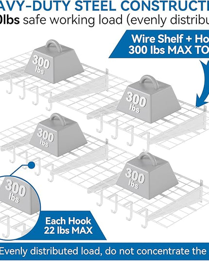 2-Pack 2x6ft Garage Wall Shelving, 24"x72" Shelf Storage Rack Floating Shelves Wall Mounted, Heavy Duty Storage Shelves, 800lbs Load Capacity, with 16 Hooks for Garage Organization, White