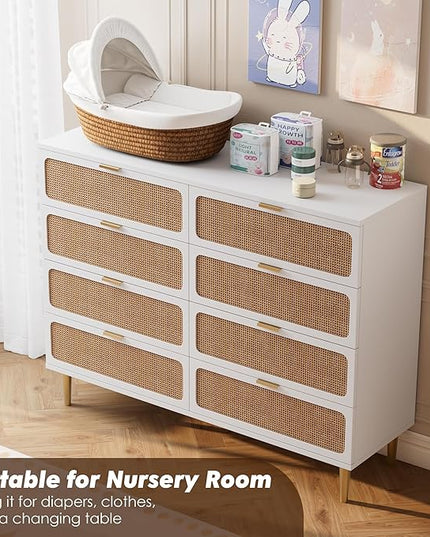 Garvee Rattan Dresser with 8 Drawers, Tall Modern Closet with Deep Storage, Large Chest of Drawers with Wide Top, Long Wooden Dresser for Bedroom, Living Room, Hallway, Kids Room, White