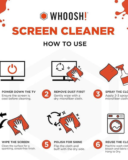 WHOOSH! Screen Shine Pro 16.9 fl oz Refillable Screen Cleaner for TV, OLED, and Monitors – Streak-Free Spray with Microfiber Cloth – Safe for Flat Screen, LCD, Smart Displays – Non-Toxic and Odorless