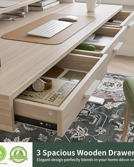 FEZIBO Electric Standing Desk with Drawers, 55x26 Inch Adjustable Height, Stand Up Desk with Monitor Shelf, Sit Stand Home Office Desk, Light Walnut