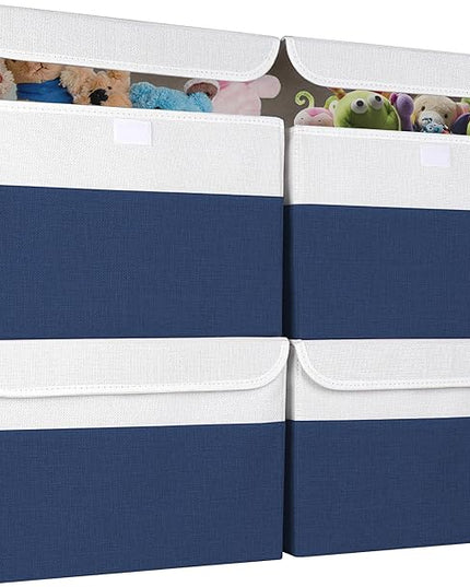 Large 22 Quart Linen Fabric Foldable Storage Bin Cube Organizer Basket with Flip-Top Lid & Handles, Clothes Blanket Box for Home, Office, Closet, Navy Blue & White, 4 Pack 14.6 x 9.5 x 9.5