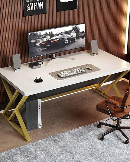 LVB White and Gold Desk, Modern Wood Home Office Computer Desk, Metal Study Executive Writing Table for Gaming Writing Work, Farmhouse Simple Compact Student PC Desk for Bedroom, 55 Inch