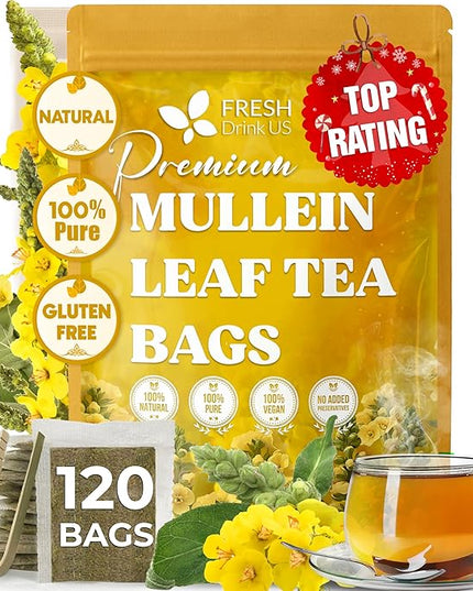 FreshDrinkUS, Premium 120 Mullein Leaf Tea Bags For Lung, 100% Natural & Pure from Mullein Leaves. Loose Leaf Mullein Herbal Tea. Made with Natural Material Tea Bags. No Sugar, No Caffeine, No Gluten, Vegan.