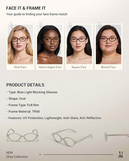TIJN Olisa Blue Light Blocking Glasses for Women Men,Oval Glasses Frame Bluelight Glasses for Gaming/Computer/Screen