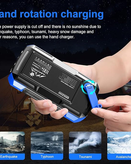 Solar Charger Power Bank 73200mAh, Portable Laptop Charger with 100W USB-C in/Output, Built-in Cables, Hand Crank Power Bank for Mobile Phones, Ideal for Outdoor Use with SOS/Strobe/Strong (blue)