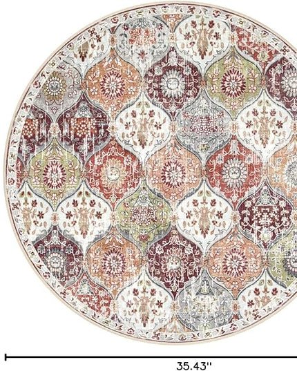 Lahome Moroccan Trellis Round Area Rugs, Washable Small Round Rug 3ft Non-Slip, Soft Vintage Ultra-Thin Circle Carpet for Bedroom Entryway Kitchen Laundry Bathroom, Orange/Terracotta