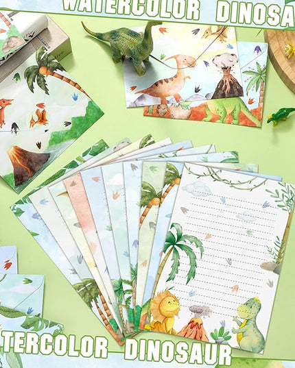 TaoBary 160 Pcs Stationery Paper Set 50 Double Sided Stationery Papers with 50 Matching Envelopes and 60 Round Dot Sticker, 10 Design(Watercolor Dinosaur,8.25 x5.5 Inch)