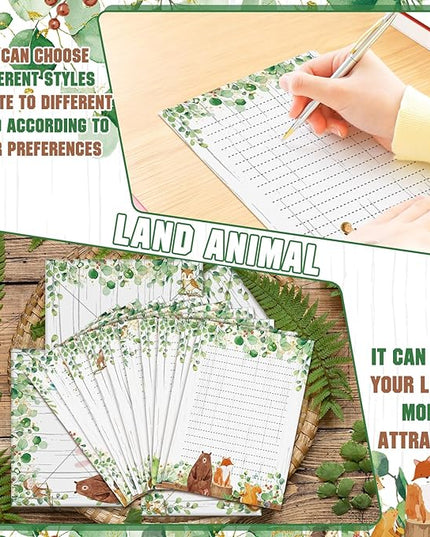 TaoBary 160 Pcs Stationery Paper Set 50 Double Sided Stationery Papers with 50 Matching Envelopes and 60 Round Dot Sticker, 10 Design(Land Animal,5.5 x 8.25 Inch)