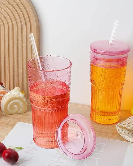 Joeyan 22 oz Pink Glass Tumbler with Straw and Lid for Iced Tea Coffee Smoothie Water Juice Beverages Soda,Ribbed Glasses Cups,Borosilicate Drinking Jar,Set of 2,Dishwasher Safe