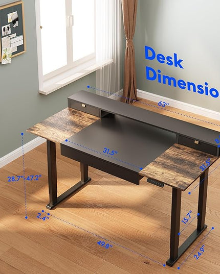 FLEXISPOT 63x32 in 4-Leg Standing Desk with Storage Electric Adjustable Height with 3 Drawers & Shelving Home Office Workstation (Black + Special Walnut Top)