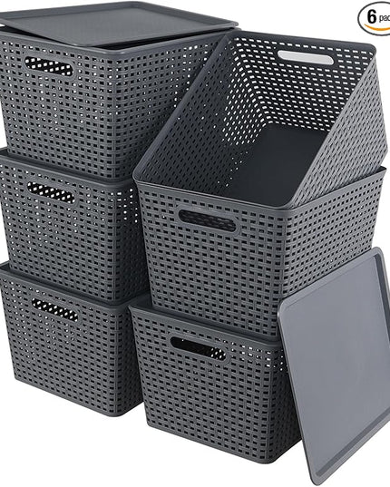 6 Pack Plastic Storage Bins with Lids, Stackable Storage Baskets with Handles, Large Organizer Bins for Desk, Shelves, Office, Plastic Container Bins for Pantry Organizers and Storage, Grey