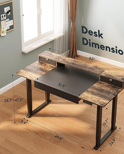 SANODESK Electric Standing Desk with Drawers, 63 x 32 inch Height Adjustable Computer Desk, Home Office Stand Up Desk with 3 Preset Heights, Black
