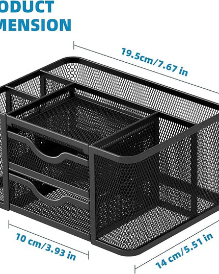 Marbrasse Mesh Desk Organizer, Pen Organizer with 2 Drawer, Multi-Functional Pencil Holder, Desk Organizers and Accessories with 5 Compartments + Drawer for Office Art Supplies (Black)