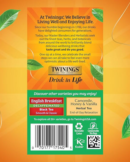 Twinings Decaffeinated Irish Breakfast Black Tea Individually Wrapped Bags, 20 Count (Pack of 6), Flavourful, Robust, Enjoy Hot or Iced, 120 Teabags