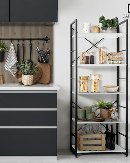 CAPHAUS 5 Tier Bookshelf, 24 Inch Width Free Standing Shelf, Bookcase Shelf Storage Organizer, Industrial Book Shelves for Home Office, Living Room, Kitchen, White Shelves & Metal Frame