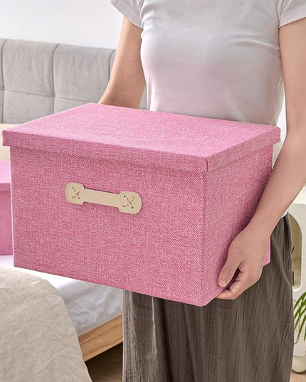 Enzk&Unity Decorative Storage Bins with Lids, Fabric Linen Foldable Storage Box with Handle Home Organizer for Shelf, Closet, Bedroom, Living Room, Office, 3 Packs, Pink